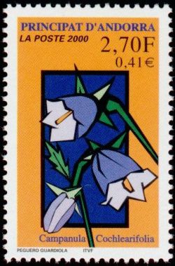 timbre Andorre N° 530 légende : Fleur : Campanule