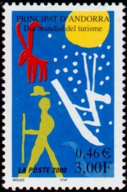 timbre Andorre N° 535 légende : Journée mondiale du tourisme