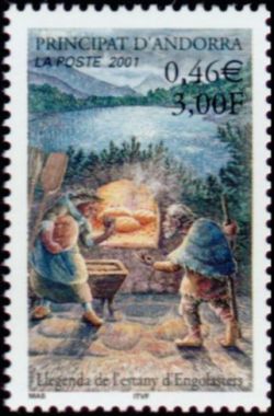 timbre Andorre N° 543 légende : La légende du lac d'Engolasters et la fondation d'Andorre