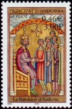 timbre Andorre N° 544 légende : La légende du lac d'Engolasters et la fondation d'Andorre