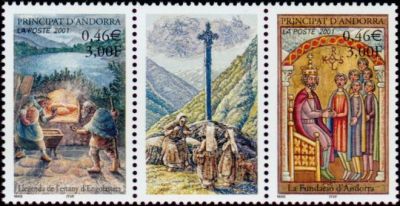 timbre Andorre N° 544A légende : La légende du lac d'Engolasters et la fondation d'Andorre