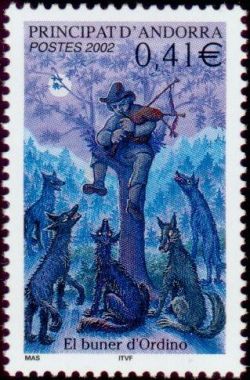 timbre Andorre N° 573 légende : Le joueur de cornemuse d'Ordino