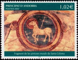 timbre Andorre N° 574 légende : Fragment de peintures murales de l'église Sainta Coloma