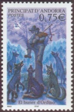 timbre Andorre N° 589 légende : Le joueur de cornemuse