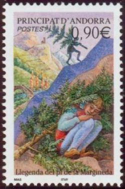 timbre Andorre N° 590 légende : Légende du pin Margineda