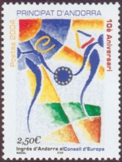 timbre Andorre N° 602 légende : 10è anniversaire de l'entrée d'Andorre au conseil de l'Europe