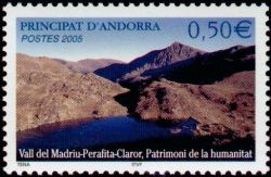 timbre Andorre N° 605 légende : Valée du Madriu-Perafita-Claror