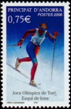 timbre Andorre N° 622 légende : Jeu0 olypiques d'hiver ski alpin