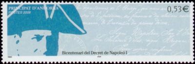 timbre Andorre N° 625 légende : Bicentenaire du décret de l'empereur Napoléon 1er