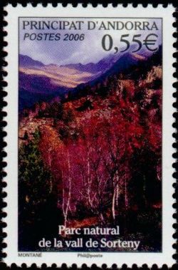 timbre Andorre N° 628 légende : Parc naturel de la vallée de Sortenay