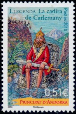 timbre Andorre N° 693 légende : Légende : La chaise de Charlemagne