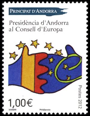 timbre Andorre N° 731 légende : Présidence du conseil de l'Europe par Andorre