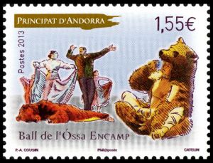 timbre Andorre N° 735 légende : Danse folklorique et paysage