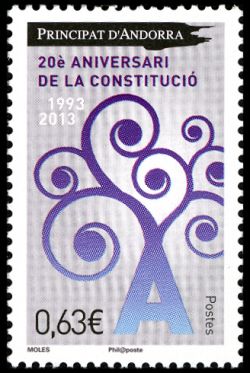 timbre Andorre N° 736 légende : 20ème anniversaire de la constitution