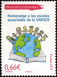 timbre Andorre N° 749 légende : Hommage au0 écoles partenaire de l'UNESCO