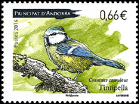 timbre Andorre N° 751 légende : Faune oiseau (mésange bleu)