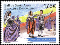 timbre Andorre N° 757 légende : Danse folklorique et paysage