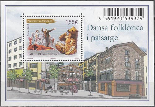 timbre Andorre N° F735 légende : Danse folklorique et paysage