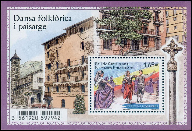 timbre Andorre N° 757 légende : Danse folklorique et paysage