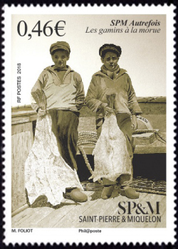 timbre de Saint-Pierre et Miquelon N° 1201 légende : Les Gamins à la morue SPM autrefois