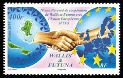 timbre de Wallis et Futuna x légende : '20 ans d''accord de coopération avec l''Union Européenne'