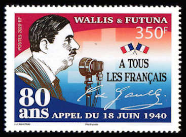 timbre de Wallis et Futuna x légende : 80 ans de l'appel du 18 juin 1940
