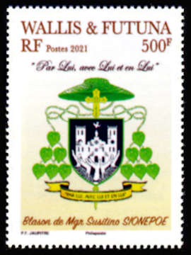 timbre de Wallis et Futuna x légende : Blason de monseigneur Susitino Sionepoe