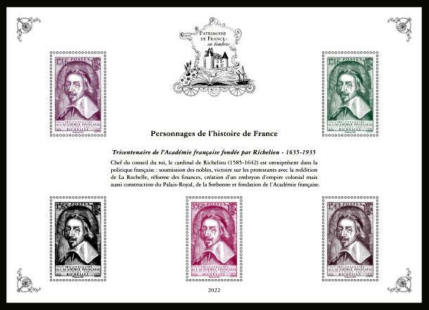  Patrimoine de France en timbres <br>Cardinal de Richelieu (1585-1642) fondateur de l'Académie Française.