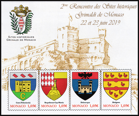 timbre de Monaco x légende : 2ème Rencontre des Sites historiques Grimaldi de Monaco
