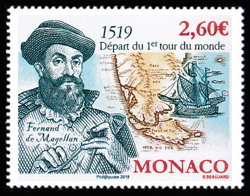 timbre de Monaco x légende : 500ème anniversaire du premier tour de monde de Magellan