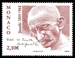 timbre de Monaco x légende : 150ème anniversaire de la naissance de Gandhi