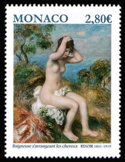 timbre de Monaco x légende : «Le Nu dans l'art» Baigneuse s'arrangeant les cheveux (1890) par Pierre-Auguste Renoir (1841-1919)