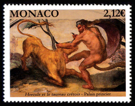 timbre de Monaco x légende : Le nu ans l'art <br> Hercule et le taureau crétois