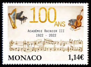 timbre de Monaco x légende : Centenaire de l'Académie Rainier III