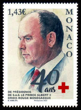 timbre de Monaco x légende : 40 ans de la présidence de S A S le Prince Albert II à la Croix-Rouge monégasque