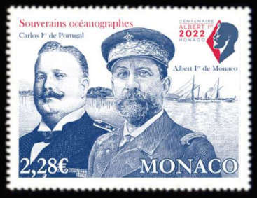 timbre de Monaco x légende : Souverains océanographes  : Albert Ier de Monaco et Carlos 1er de Portugal
