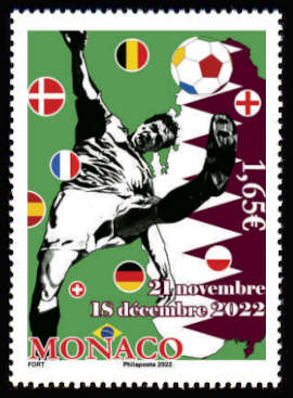 timbre de Monaco x légende : Football au Quatar 21 novembre - 18 décembre 2022