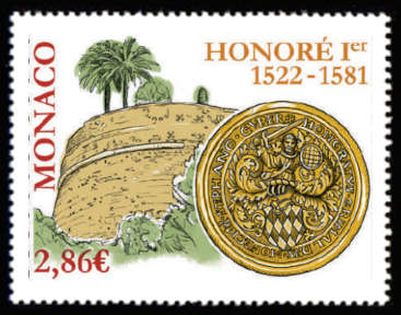 timbre de Monaco x légende : 500ème anniversaire de la naissance d'Honoré 1er 1522-1581