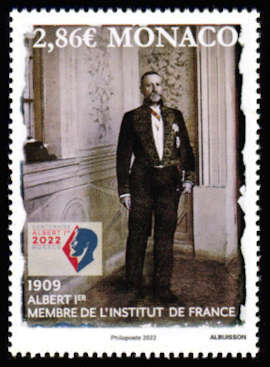 timbre de Monaco x légende : Admition du prince Albert 1er à l'institut de France
