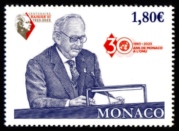timbre de Monaco x légende : 30ème annversaire de l'admission de Monaco aux Nations Unies