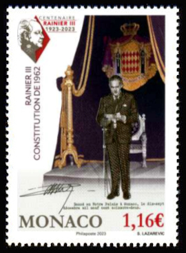 timbre de Monaco x légende : Rainier III La constitution de 1962
