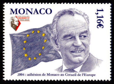 timbre de Monaco x légende : Rainier III adhésion au conseil de l'Europe