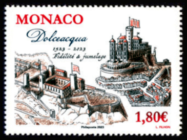 timbre de Monaco x légende : Dolceacqua 1523-2023 Fidélité de jumelage