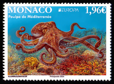 timbre de Monaco x légende : Le poulpe de Méditérranée
