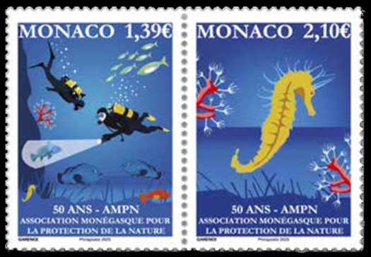 timbre de Monaco x légende : 50e anniversaire de l'association monégasque pour la protection de la nature (AMPN)