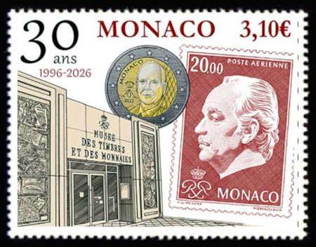 timbre de Monaco x légende : 30 ans de l'ouverture du musée des timbres et des monaies