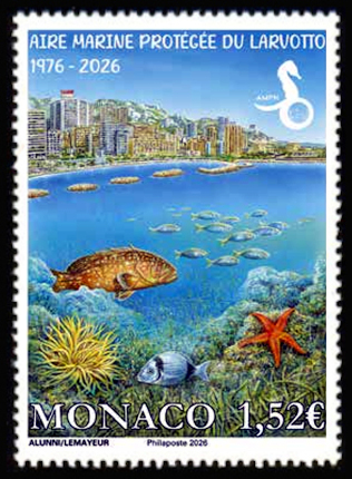 timbre de Monaco x légende : 50 ans de l'air marine protégée du Larvoto