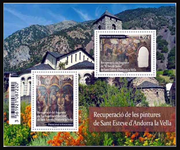 timbre Andorre Att N° légende : Récupération des peintures de Saint Esteve à Andorre-la-Vieille