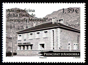 timbre Andorre Att N° légende : Ancien bureau de la poste de L’Avingura Meritxell