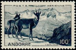 timbre Andorre Aérien 1 légende : Isards et Chaîne de l'Alt del Grio